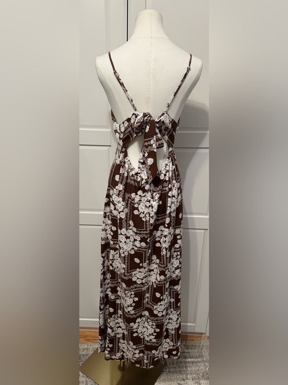 Anthropologie Paper Heart Botanical Stamp Brown Maxi Dress Spaghetti Straps L‎ - Picture 4 of 6